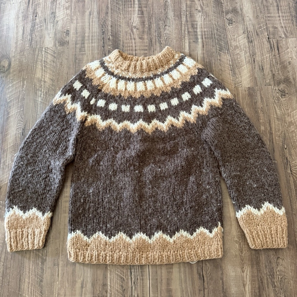 VTG Wool Fair Isle Sweater Hand Knit Chunky Cream beige Brown Tan est. Size M